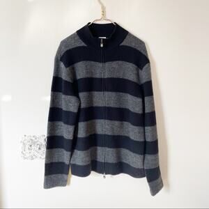 Armani Collezioni Black and Gray Rugby Striped Wool Sweater Zip Up Jacket M
